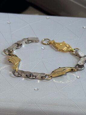 🐬✨ Vintage .925 Sterling Silver & Gold-Tone Dolphin Bracelet — Coastal Elegance